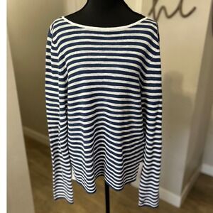 EILEEN FISHER Signature Striped Boat Neck Knit Sweater Organic Linen Cotton Navy